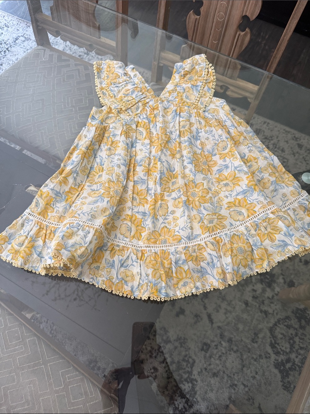 Yellow Floral Cotton Toddler Dress with Ruffle Trim- Never worn